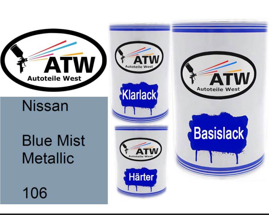 Nissan, Blue Mist Metallic, 106: 500ml Lackdose + 500ml Klarlack + 250ml Härter - Set, von ATW Autoteile West.